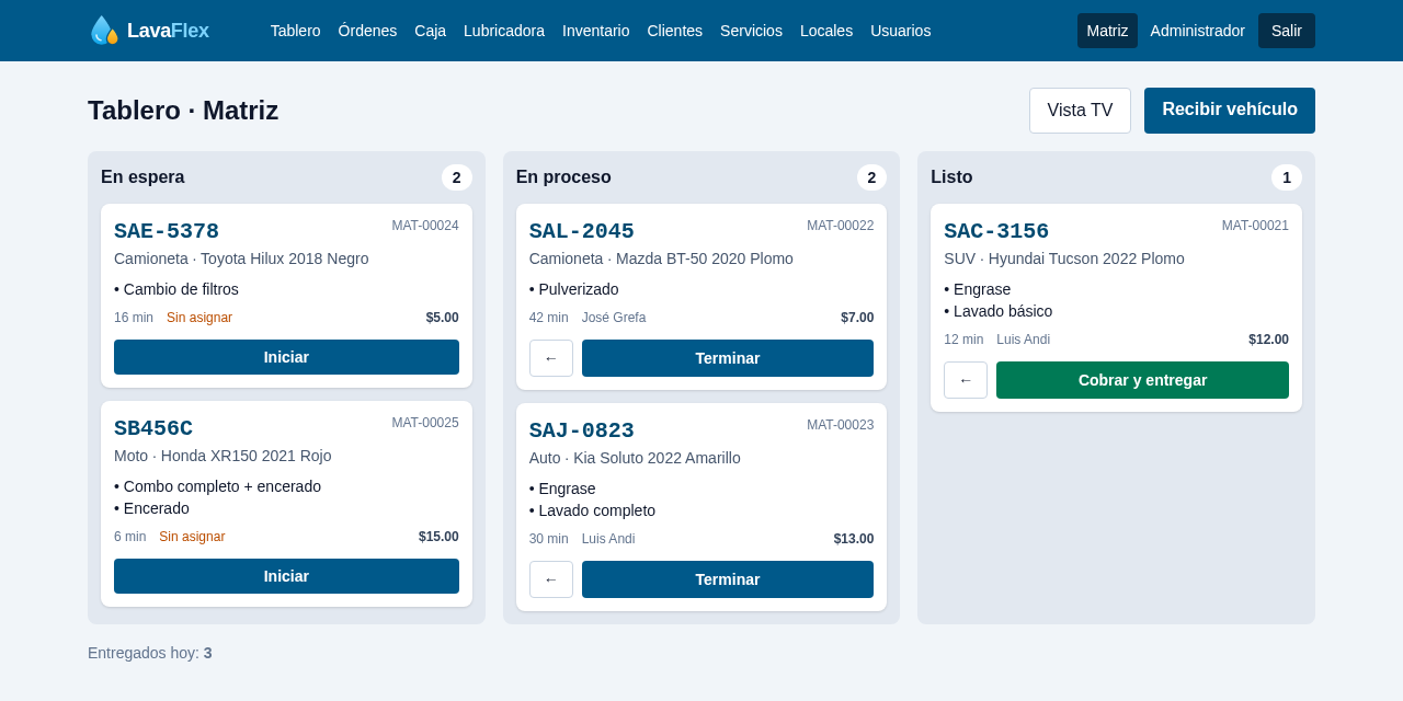 Tablero de LavaFlex con los vehículos en espera, en proceso y listos